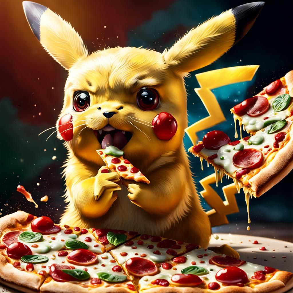 Hyperrealistic Pikachu Eating Pizza in Splash Art Style
