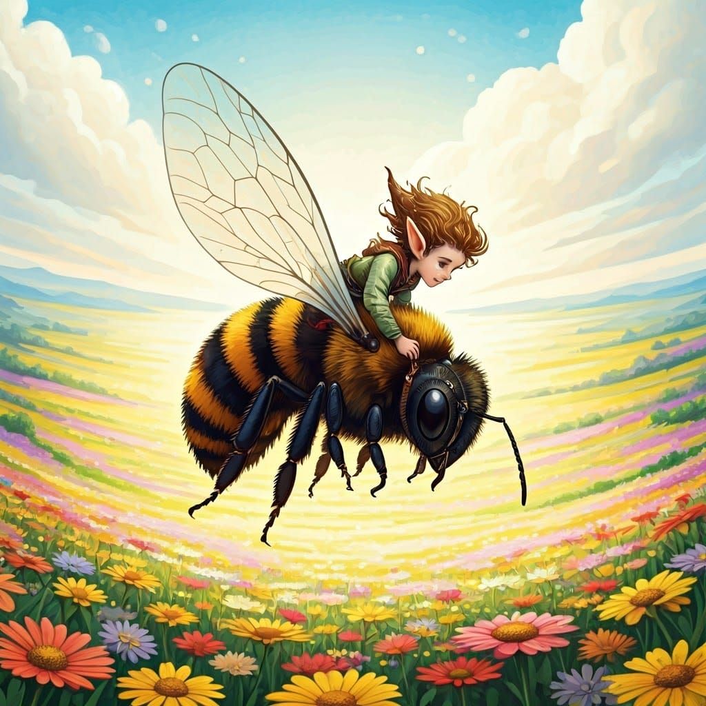 Whimsical Elf Boy Soars on Iridescent Bee, Diving into Vibra...