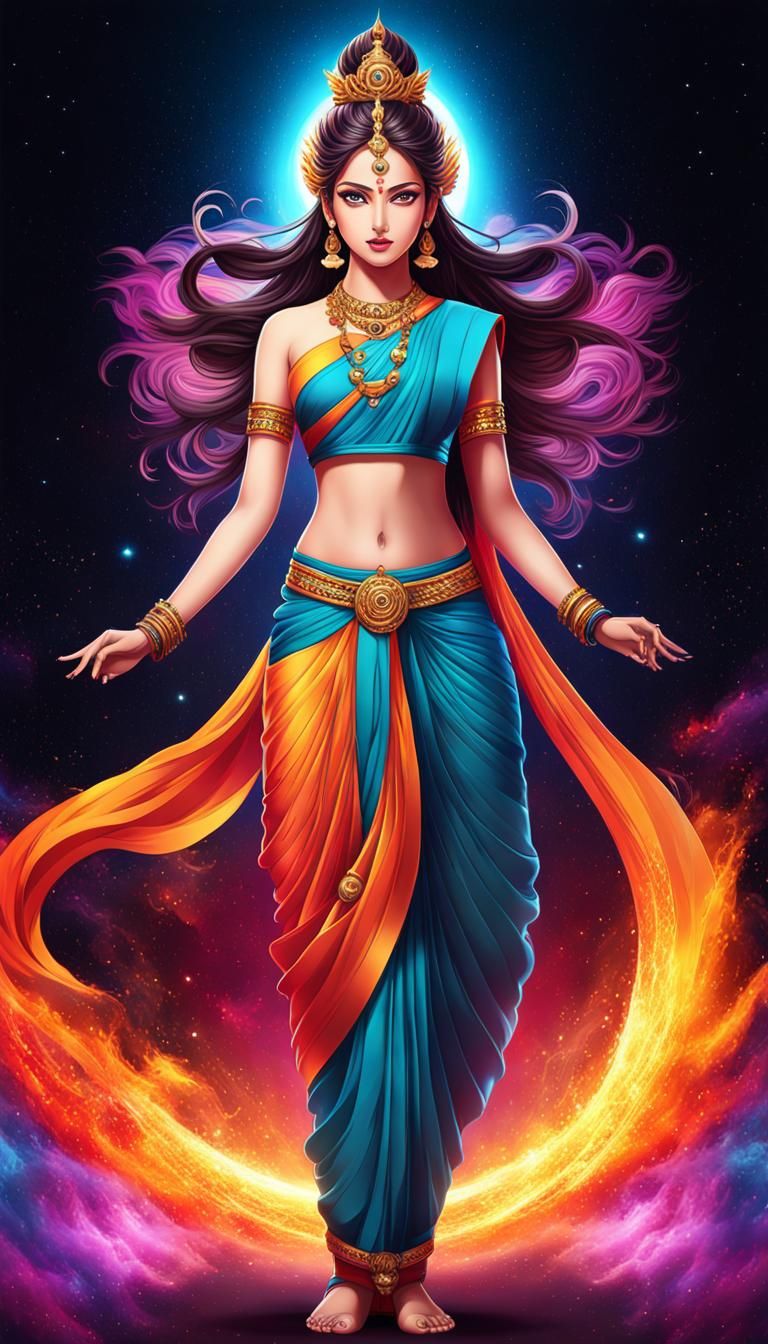 Hyper-Realistic 3D Anime Goddess in Fiery Universe