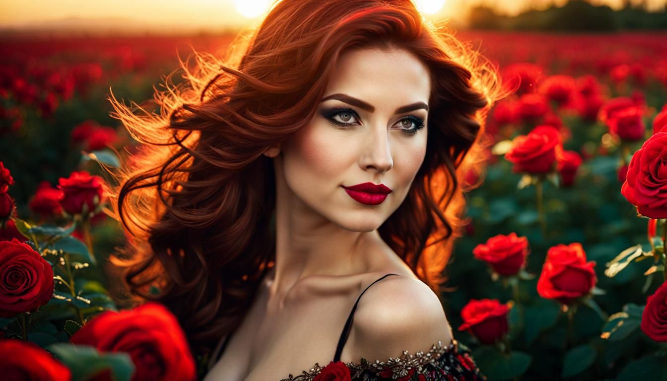 Auburn-Haired Woman in Rose Field, Photorealistic Style