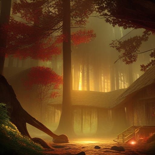 Warm House in Dark Forest: Matte Painting