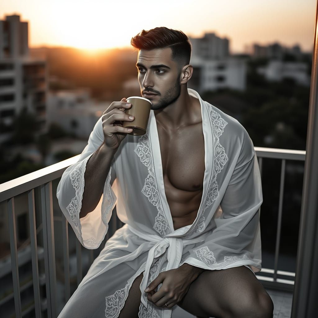 Muscular Man on Balcony in Black and White Photorealism