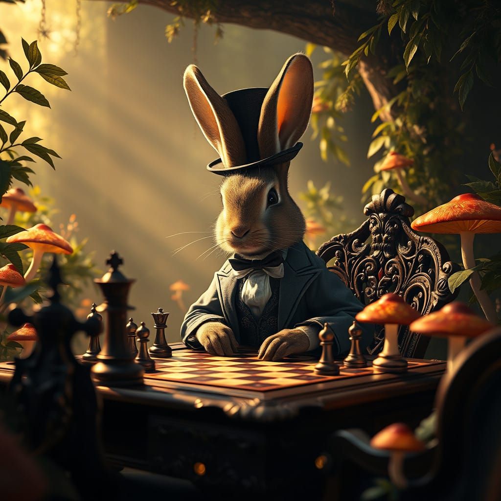 Elegant Rabbit Ponders Chess Move in Whimsical Landscape