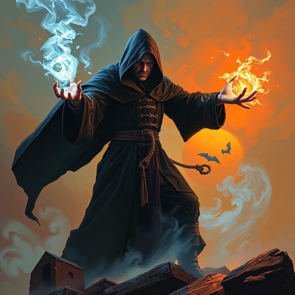 Warlock Casting Spell in Surreal Sci-Fi Style