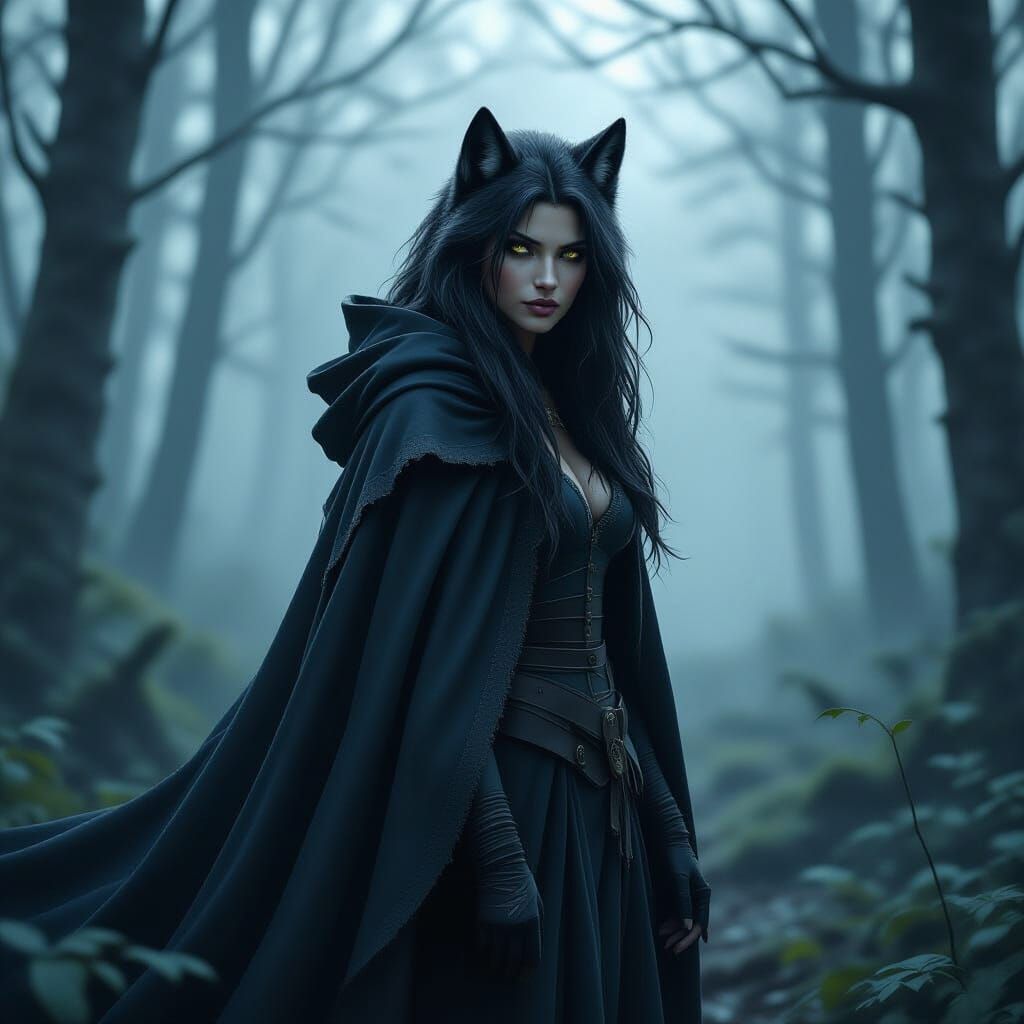 Photorealistic Werewolf Woman in Misty Forest