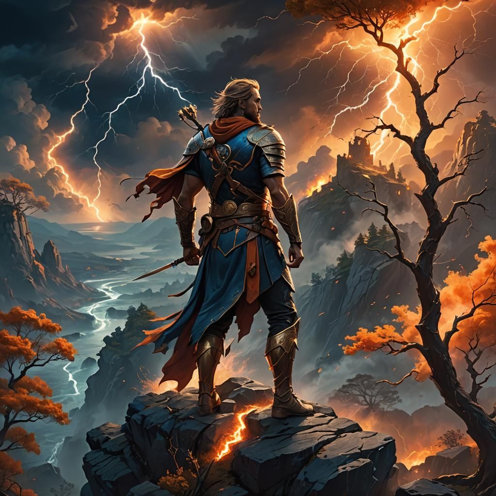 Heroic Warrior Gazing at Stormy Sky in Fantasy Art