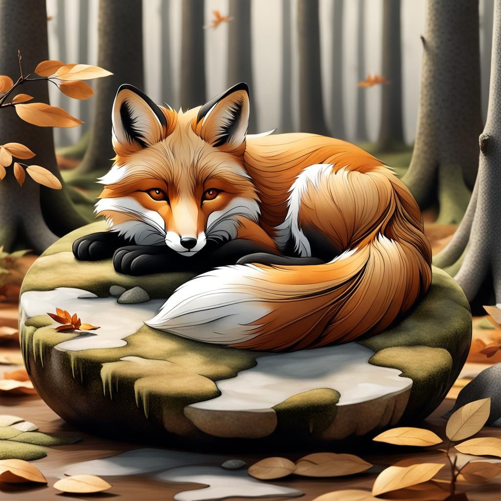 Fox Curled in Forest Clearing, Minimalist 3D Style