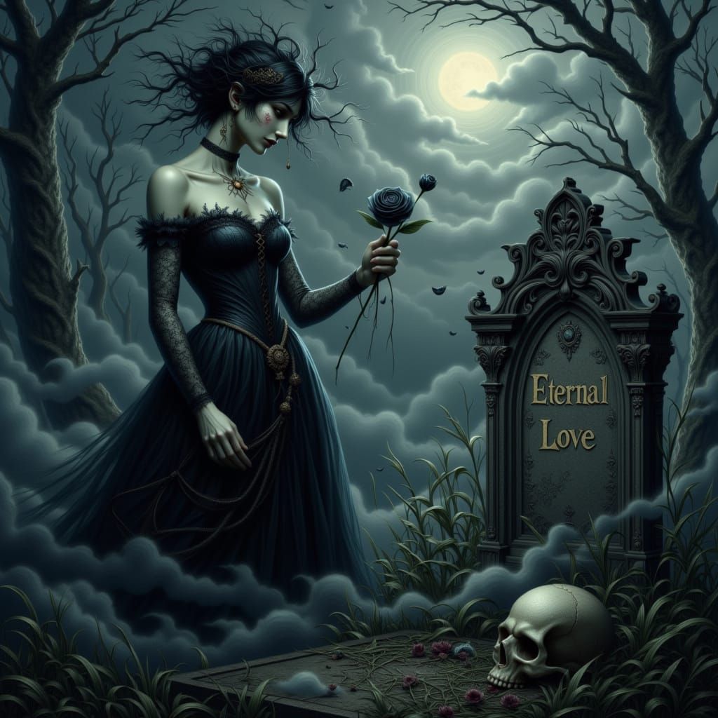 Gothic Romance: Victorian Woman in Moonlit Graveyard