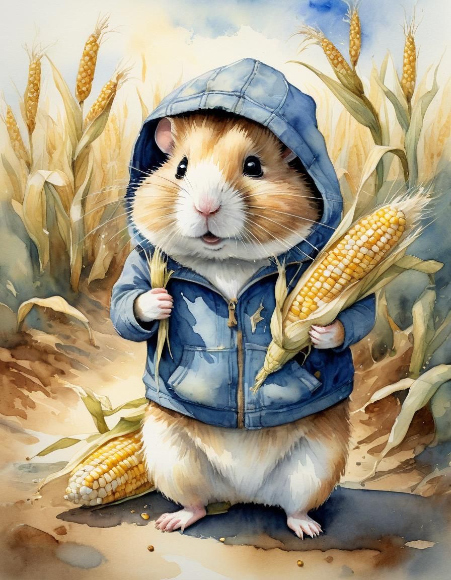 Tired Hamster Returns From Fields: Watercolor Illustration