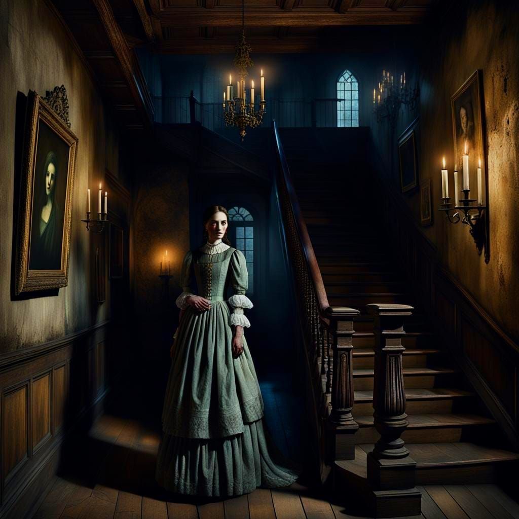 Eerie Haunted House Interior with Ghostly Portrait