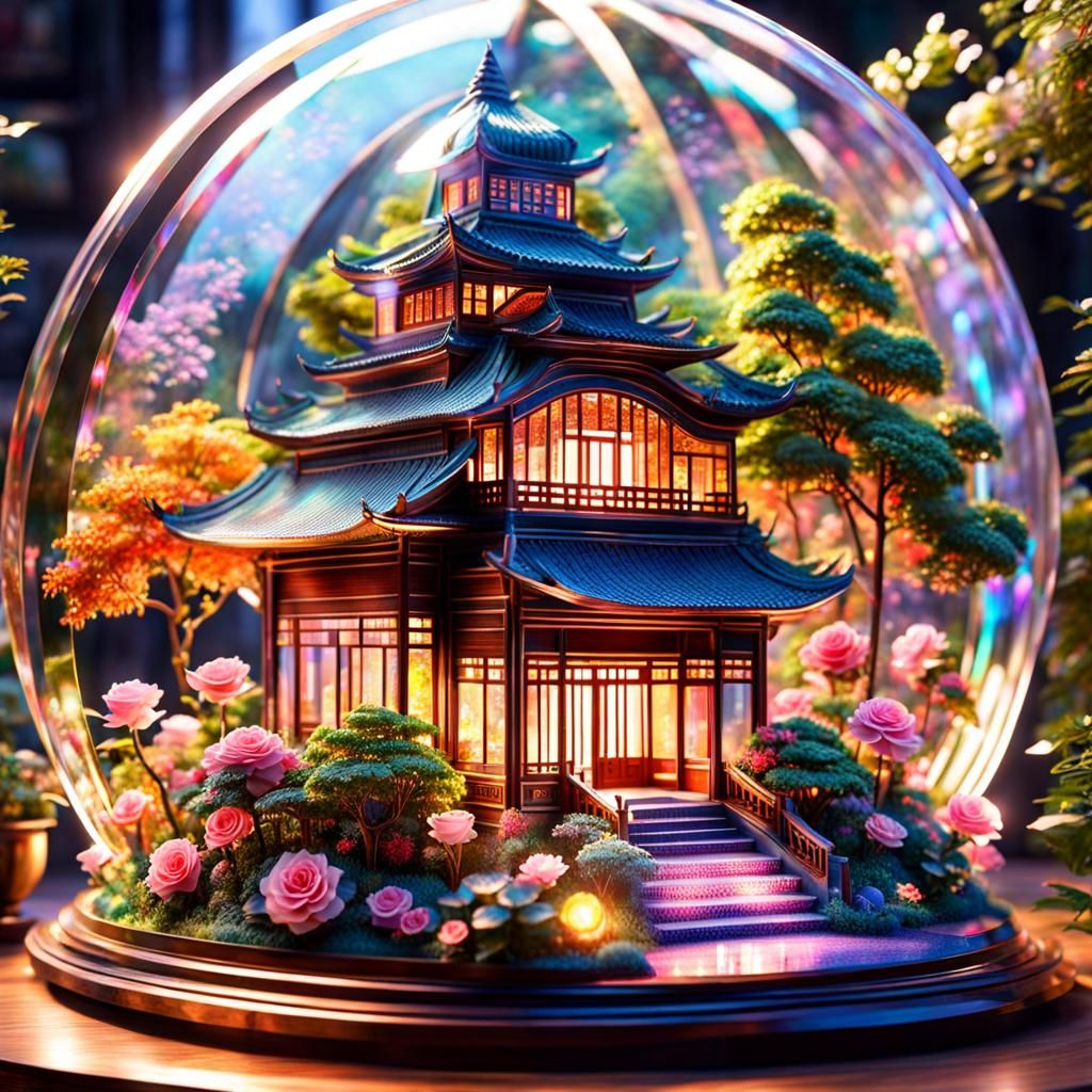 Holographic Glass Sculpture of Oriental House