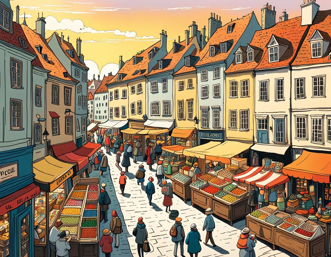 Lively Market Day Illustration in Sketchy Doodle Style