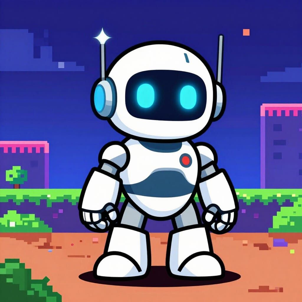 Retro 2D Robot Arcade Character in Pixel Art