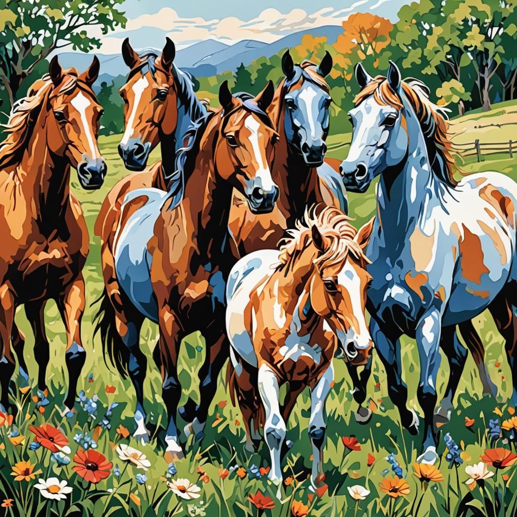 paint-by-numbers kit featuring a group of horses in a field.