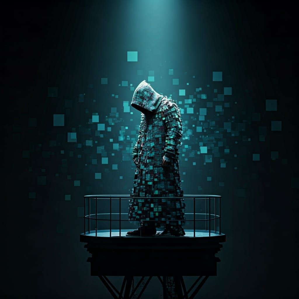 Cloaked Figure on Glitching Tower at Dusk