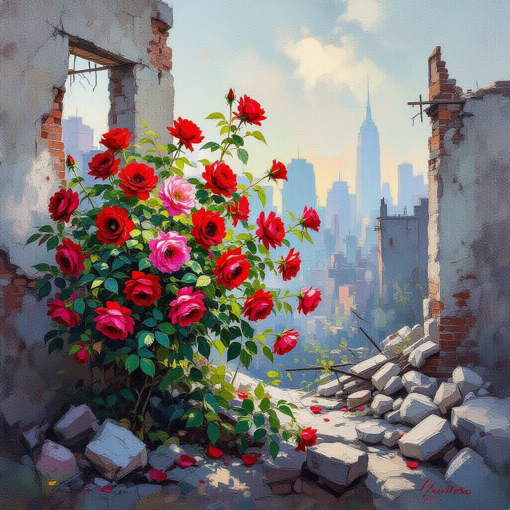 Rose Rebirth in Ruined City: Impressionistic Oil Painting