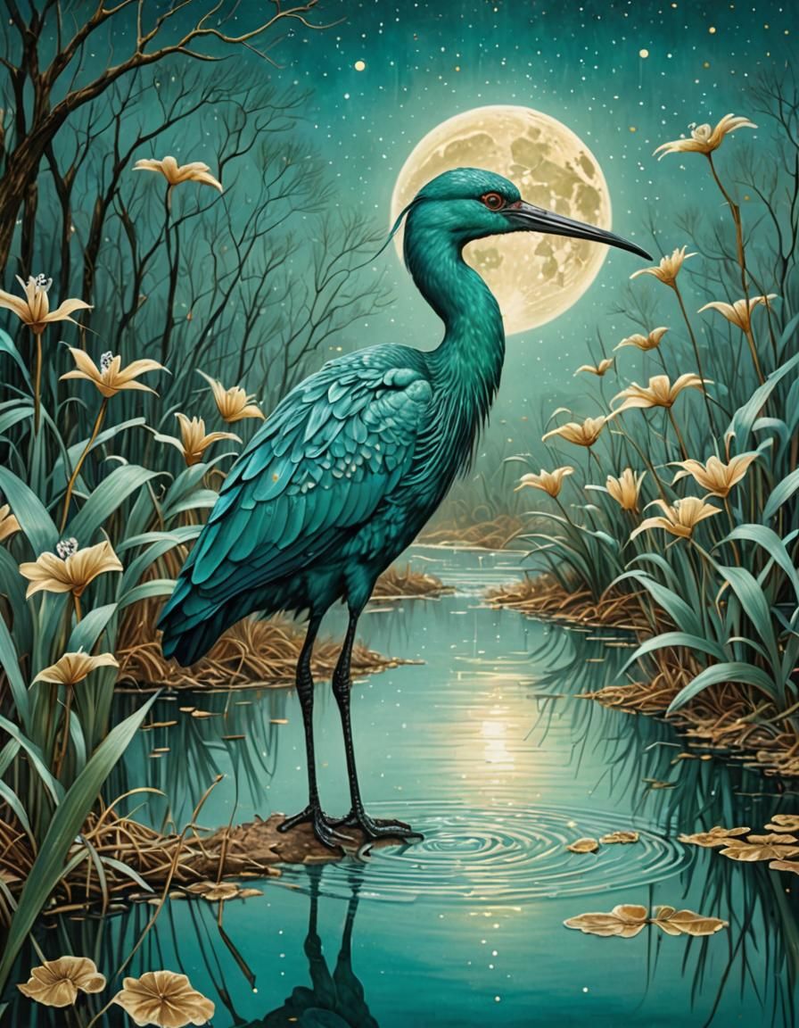 Turquoise Ibis in Ethereal Gold-Threaded Moonlight