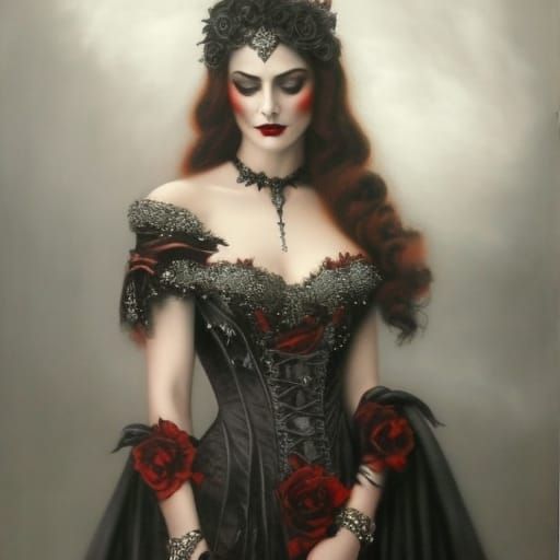 Gothic Vampire Woman in Red Dress: Hyperdetailed Portrait