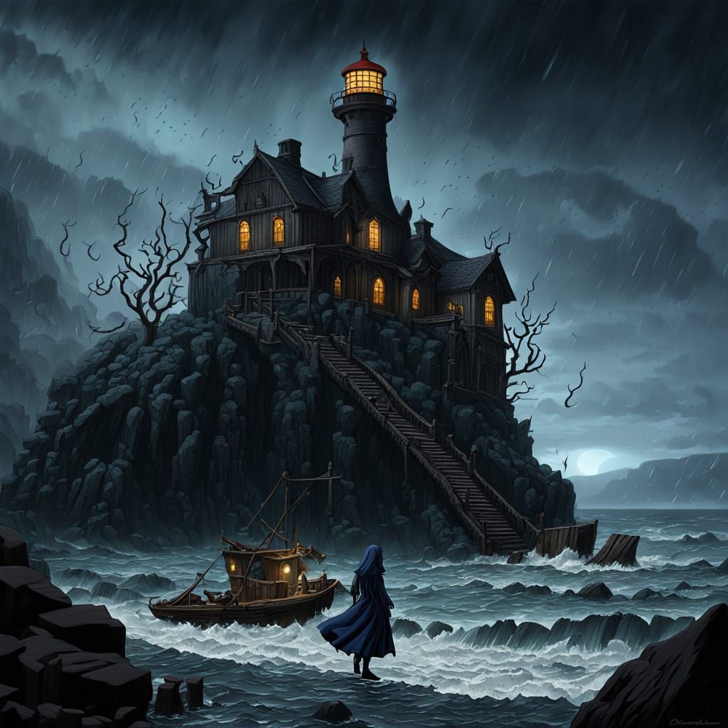 Mystical Lighthouse at Stormy Gothic Seashore