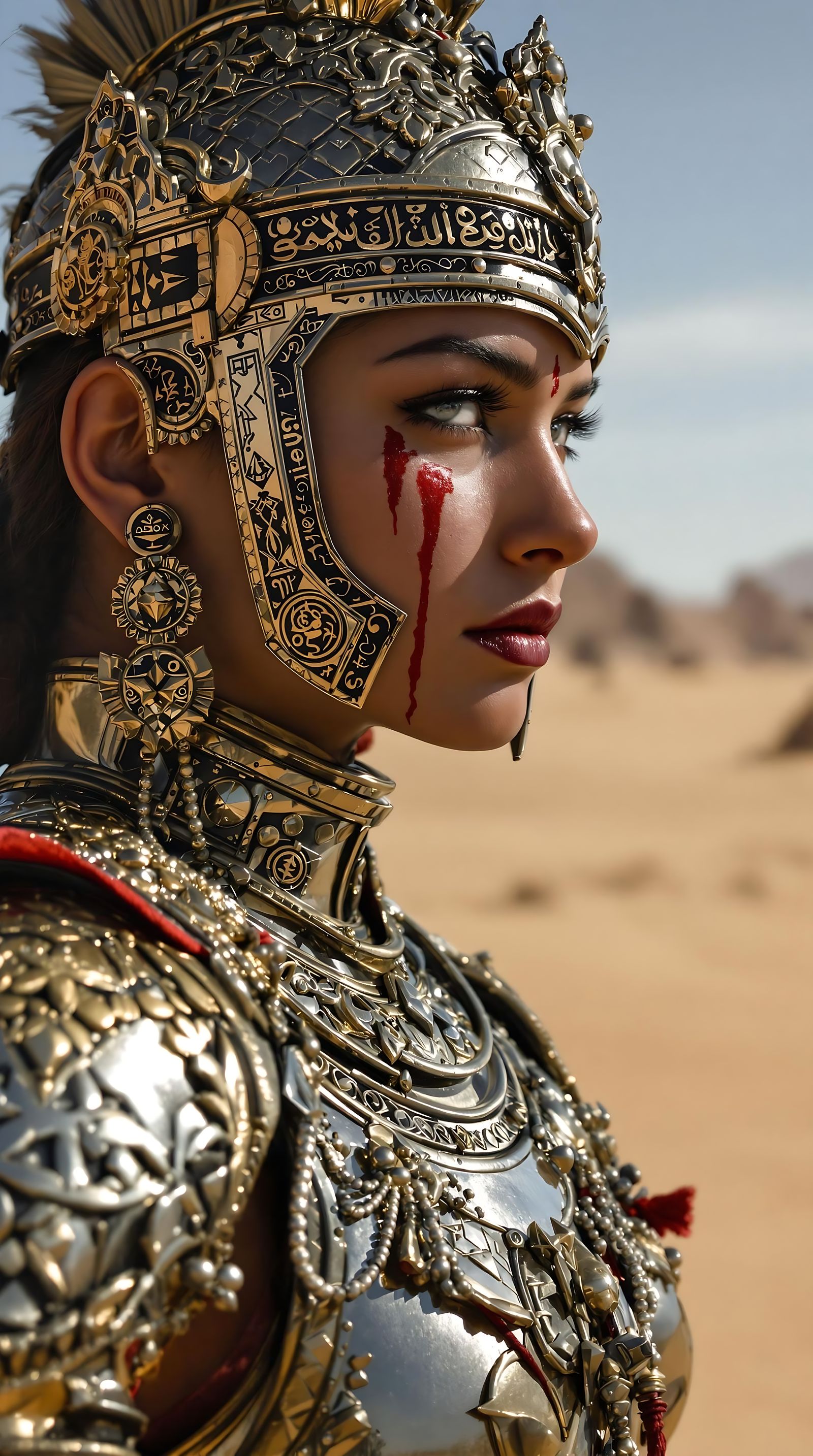 Indian Warrior Woman in Battle Armor, Desert Landscape