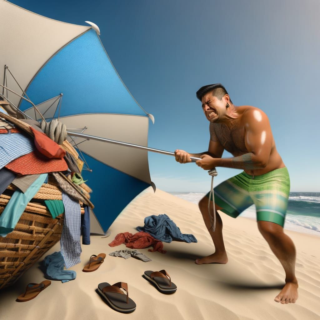 Frustrated Man Battles Beach Umbrella on Sunny Day