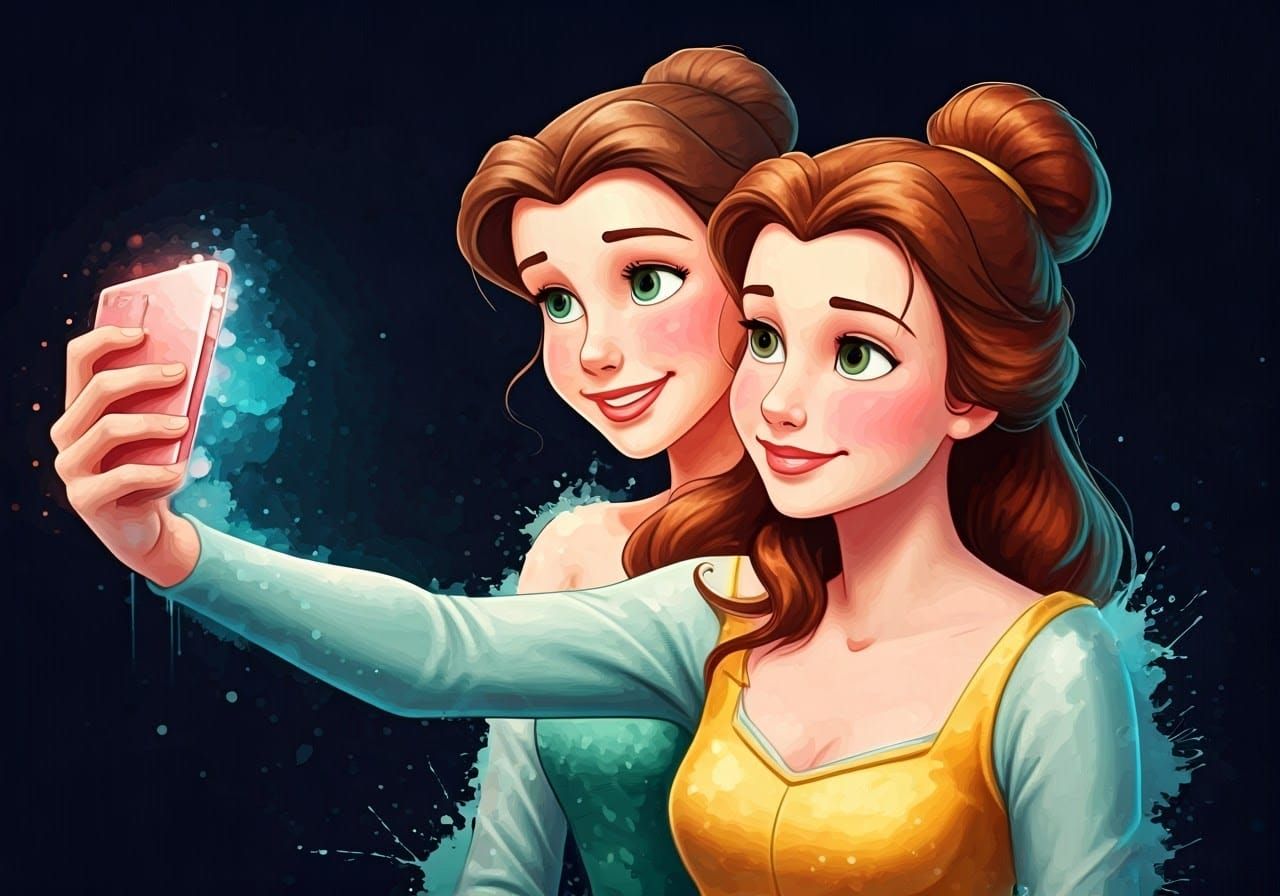 Belle and Ariel Selfie, Vivid Acrylic Watercolor