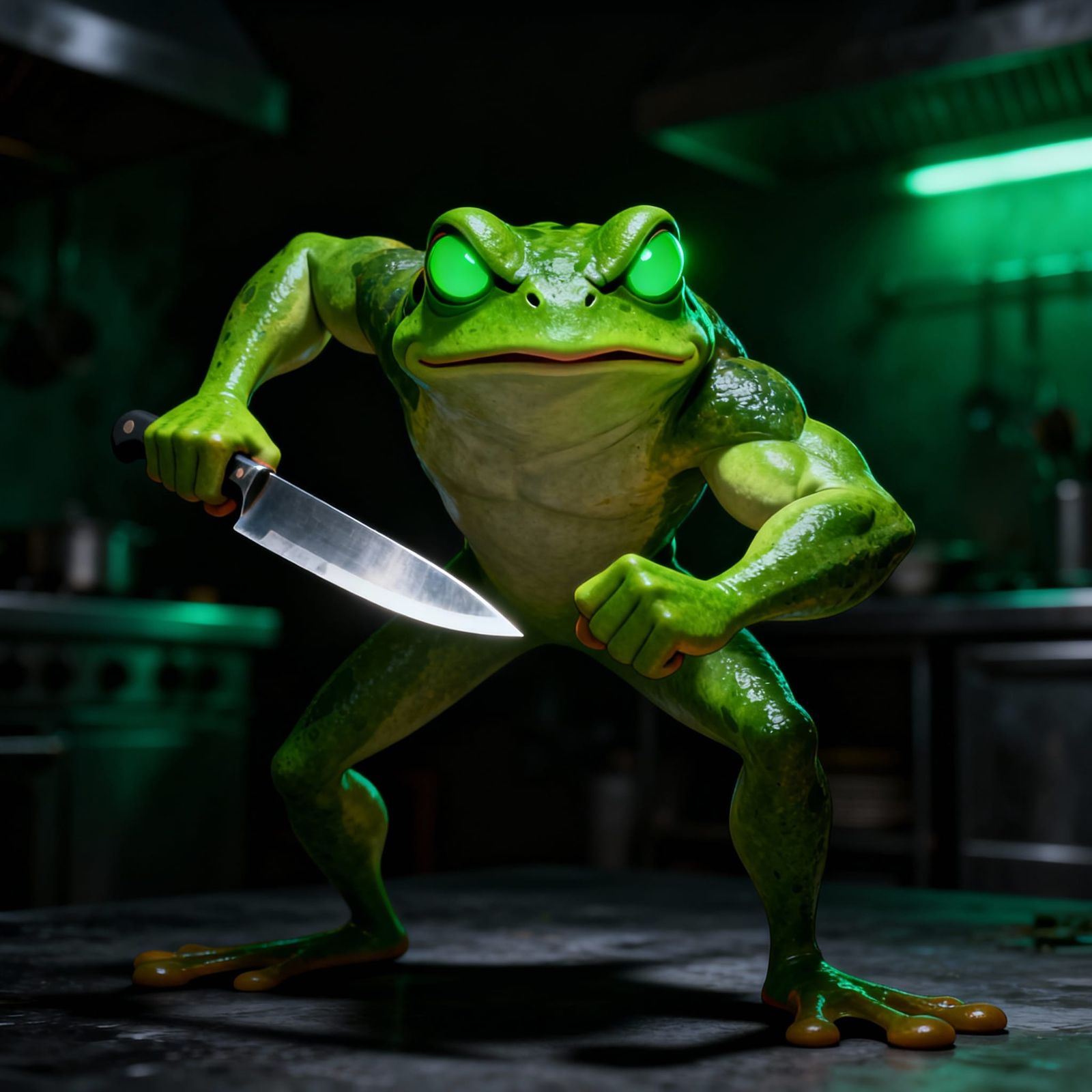 Angry Frog Chef With Knife, Hyper-Realistic Concept Art