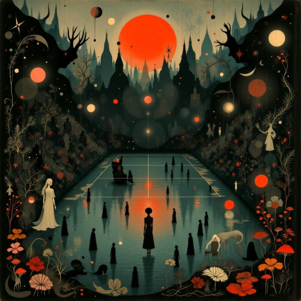 An abandoned, flooded  Centre Court at dusk.