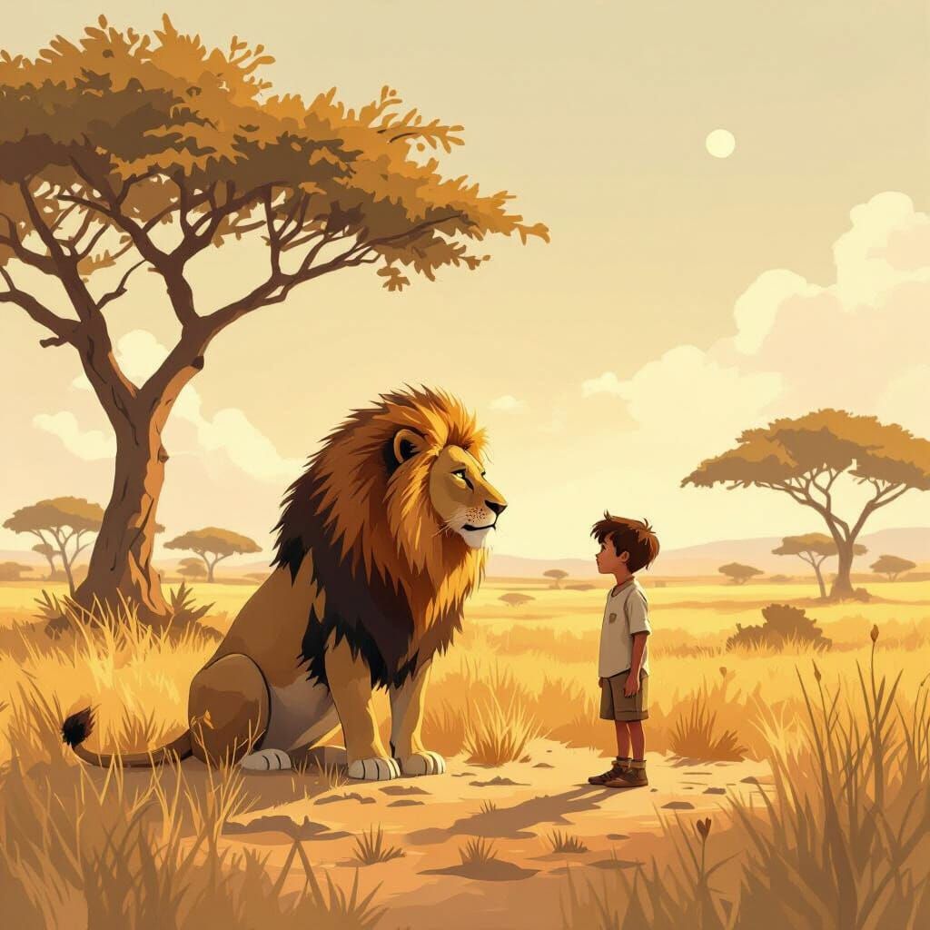 Boy and Lion in Savannah Landscape, Digital Art