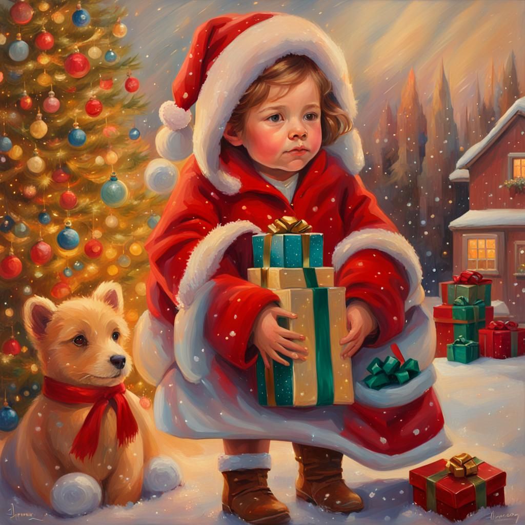 Girl in Red Dress: Impressionistic Christmas Oil Painting