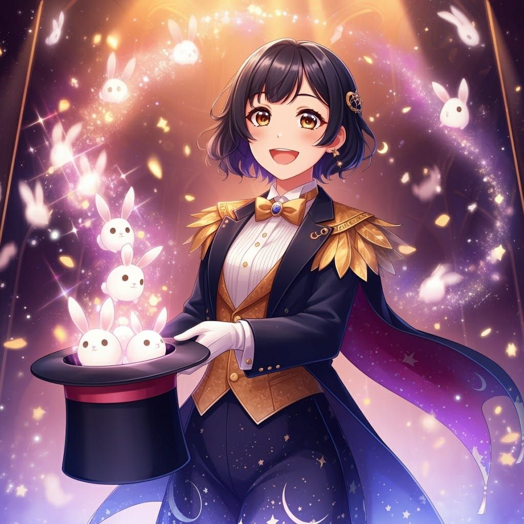 Magical Woman Conjures Rabbits in Anime Style