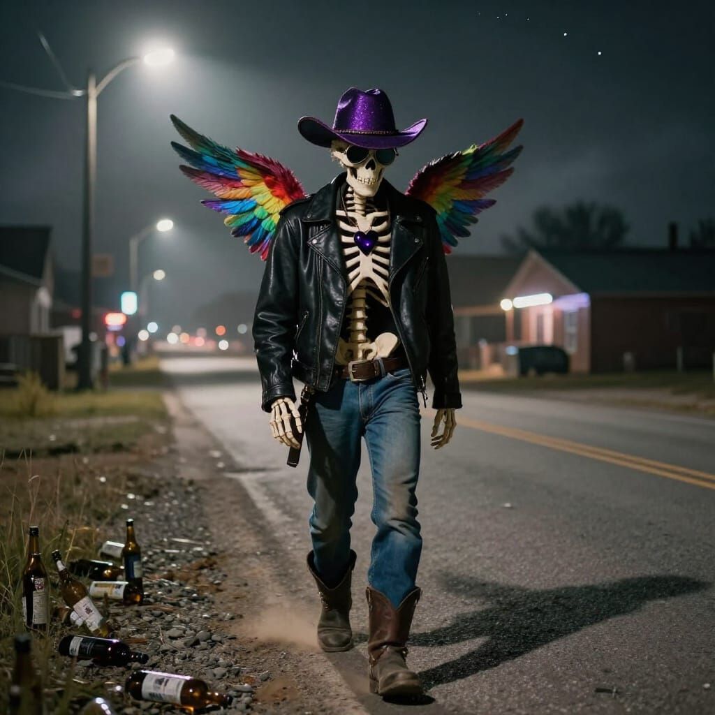 Skeletal Cowboy Walks Rural Road at Night