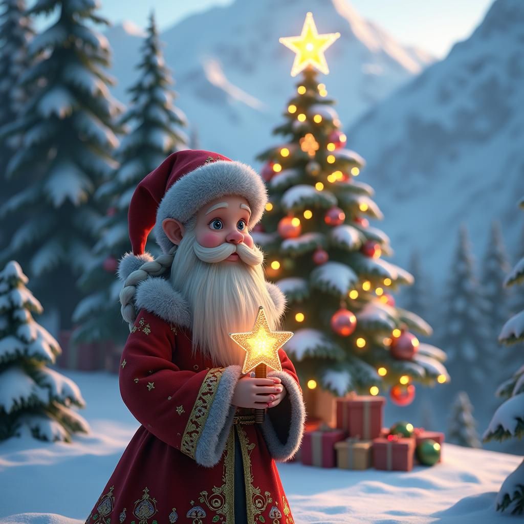 Dwarf with Christmas Tree in Anime Style