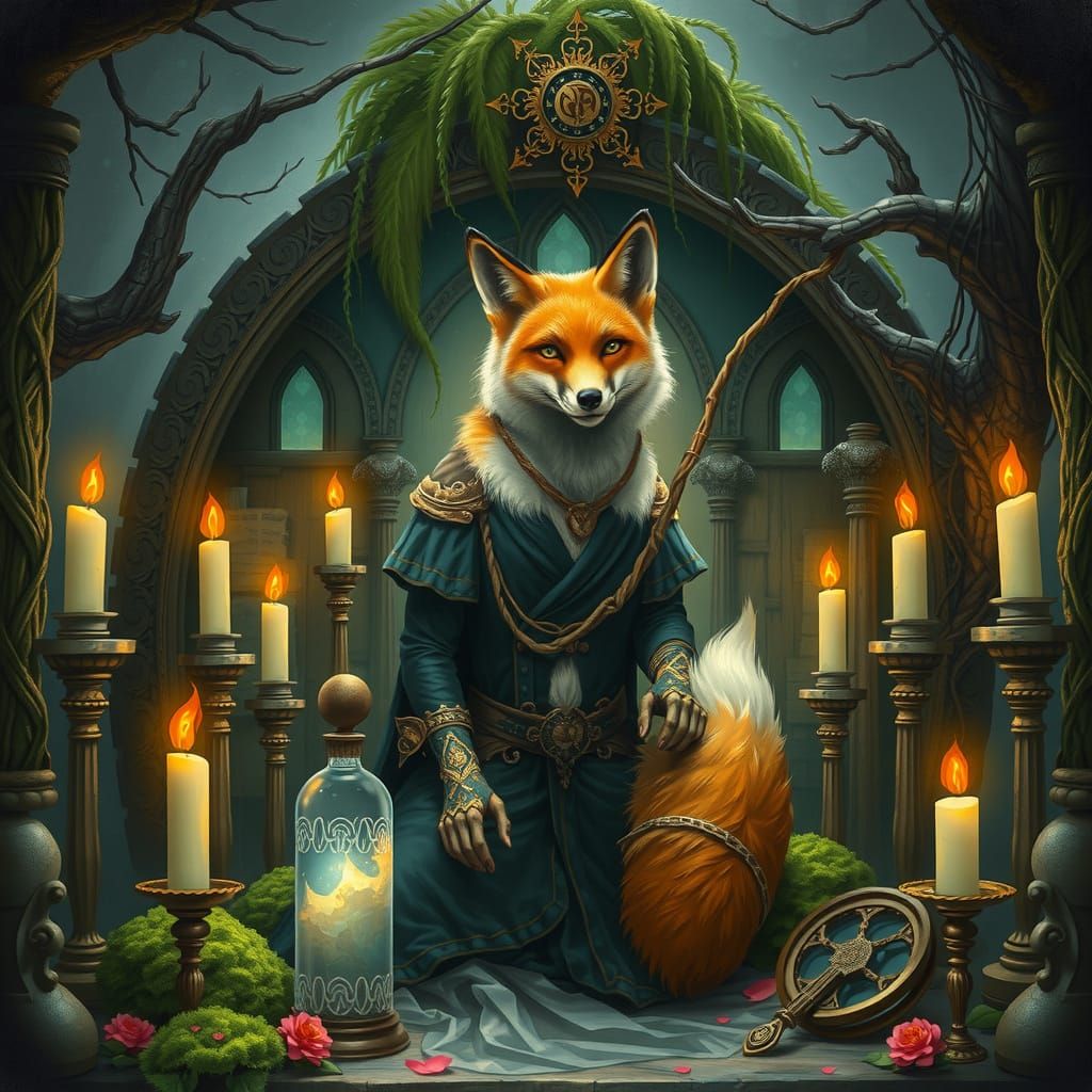 Majestic Fox on Ancient Altar with Mystical Artifacts
