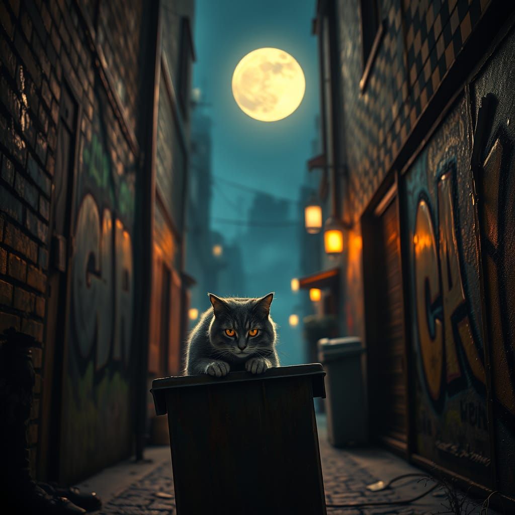 Moonlit Alleyway with Stray Cat in Surrealist Detail