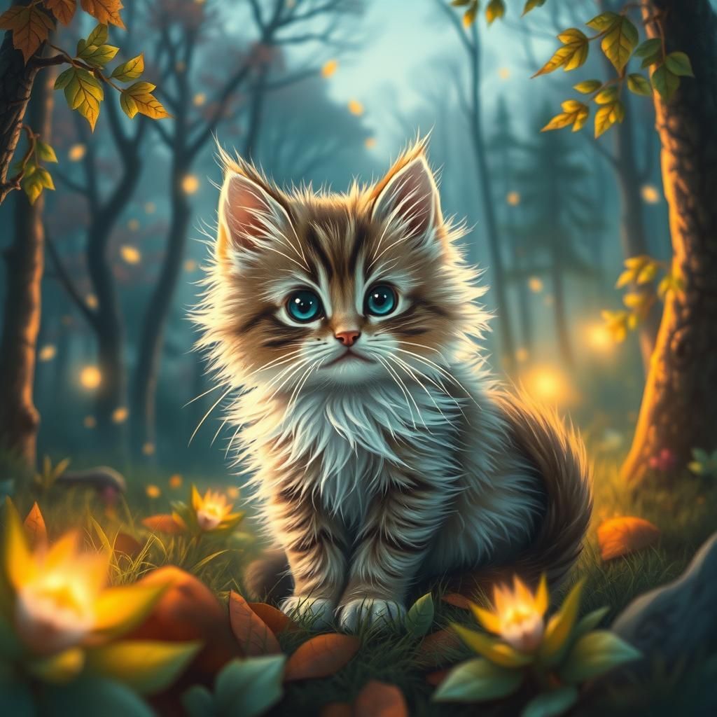 Enchanted Kitten in Lush Forest, Junaida Illustration
