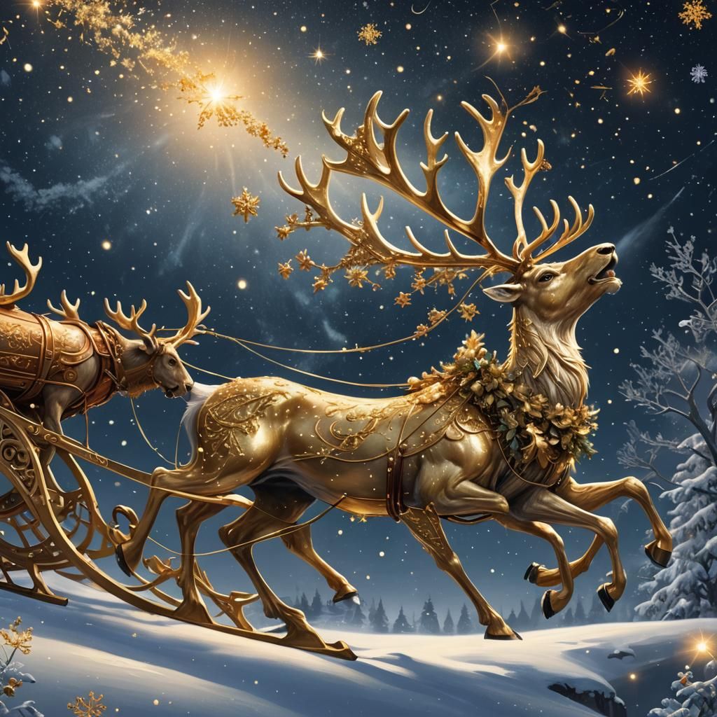 Golden Reindeer Pulls Santa's Sleigh at Night
