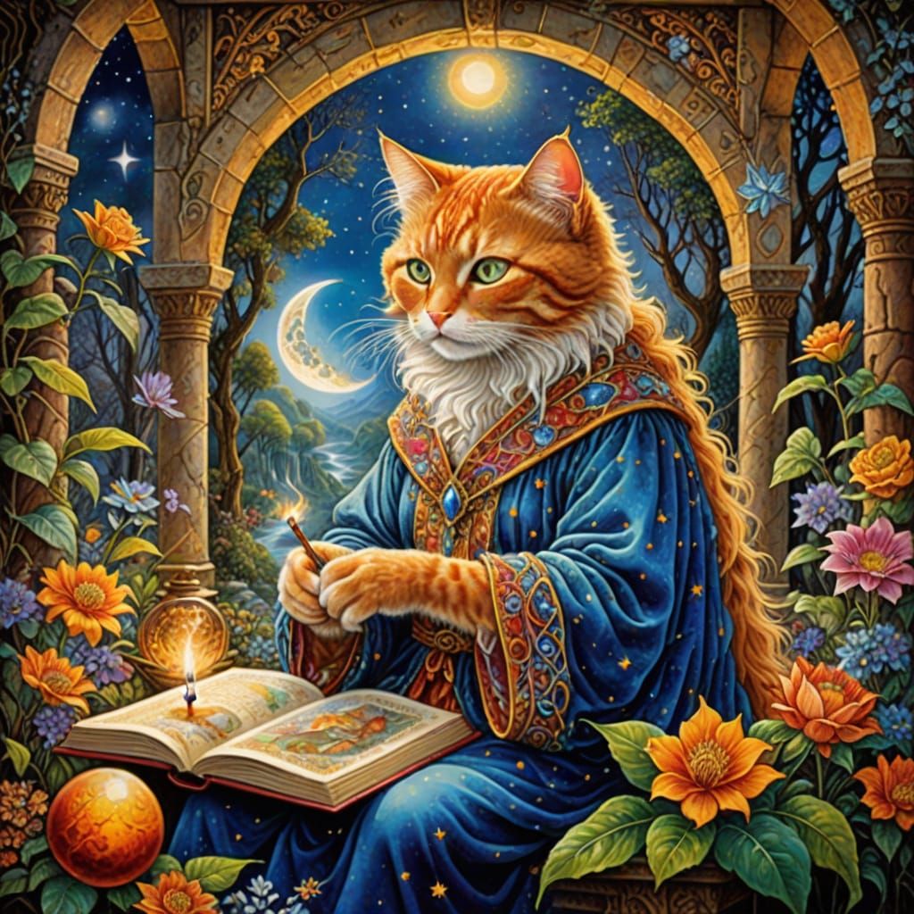 Orange Cat Wizard Reading Spell Book in Castle Courtyard