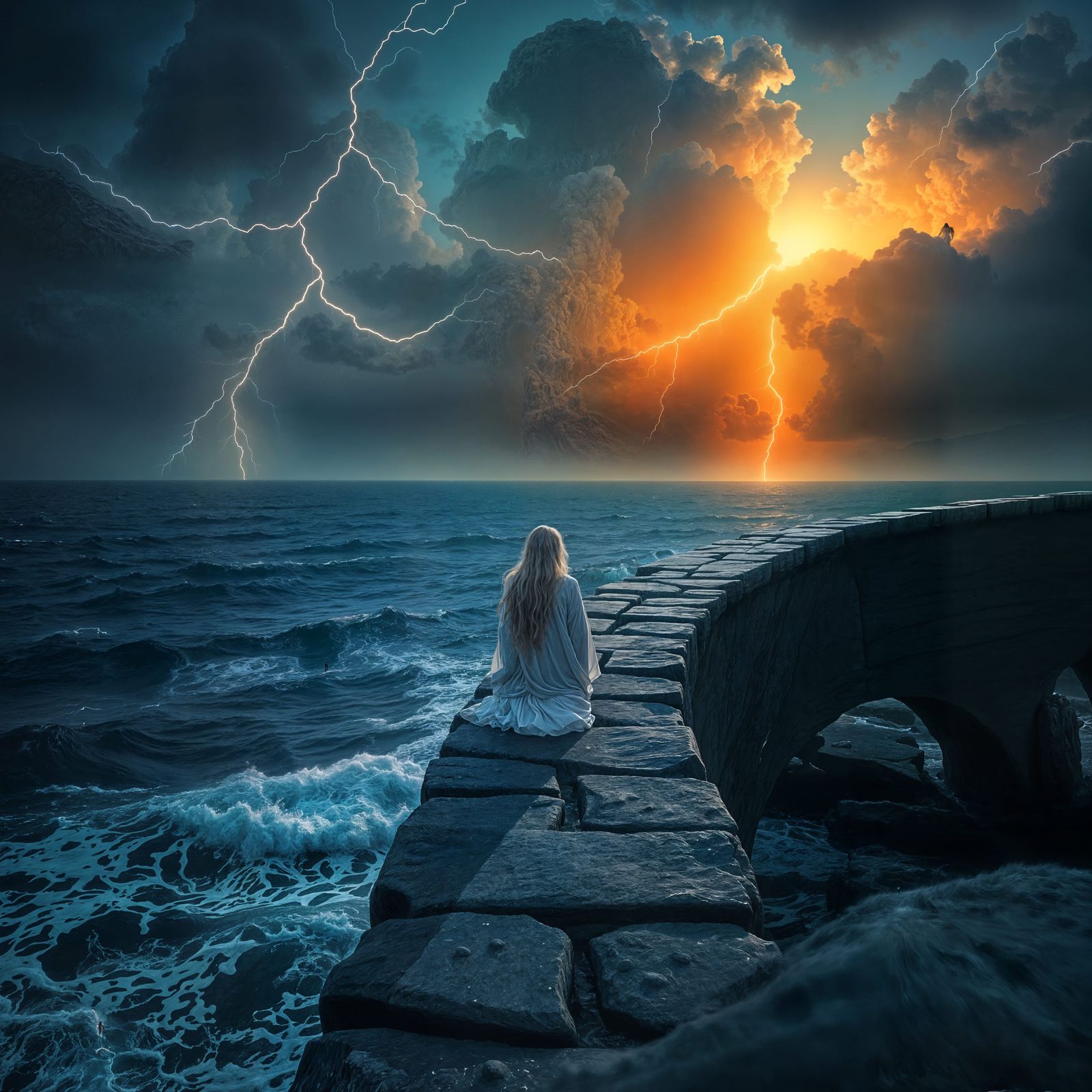 Ethereal Woman Crosses Turbulent Sea on Ancient Bridge