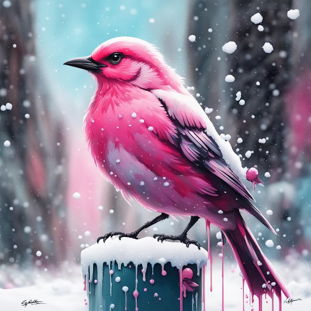 Pink Bird in Snow: Graffiti Splash Art