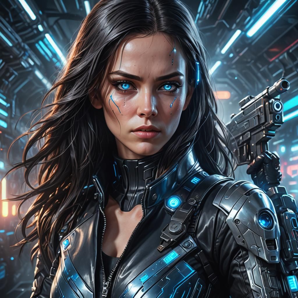 Sci-Fi Android with Laser Pistol in Cyberpunk Style