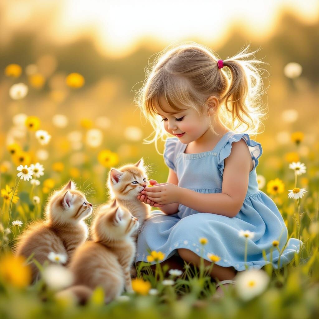 Joyful Girl Feeds Kittens in Wildflower Meadow