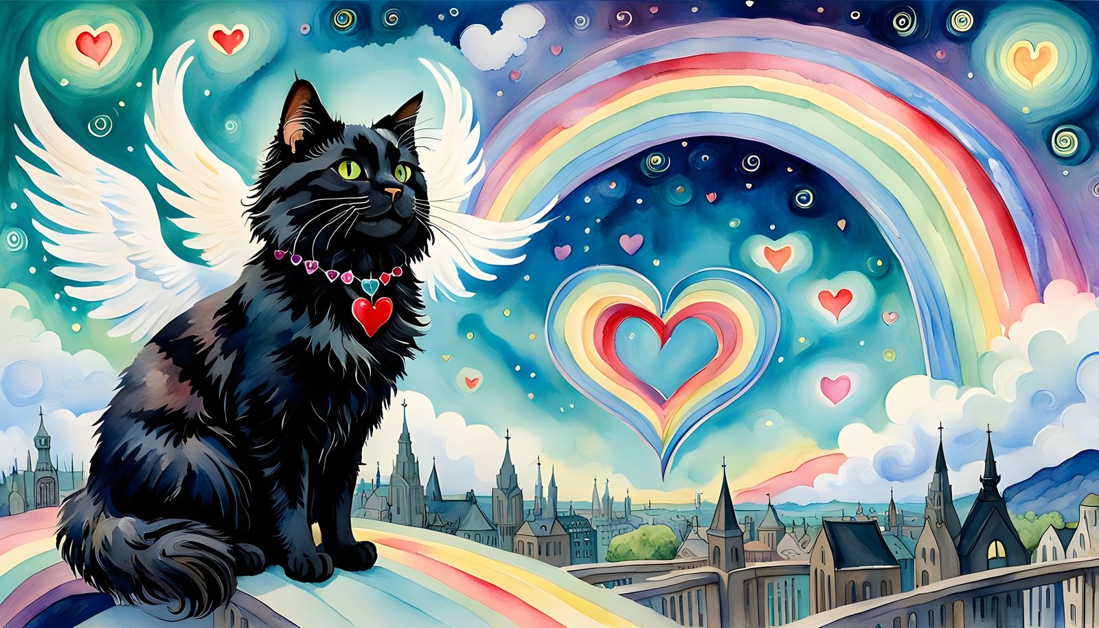 Whimsical Cat with Wings on Rainbow Bridge