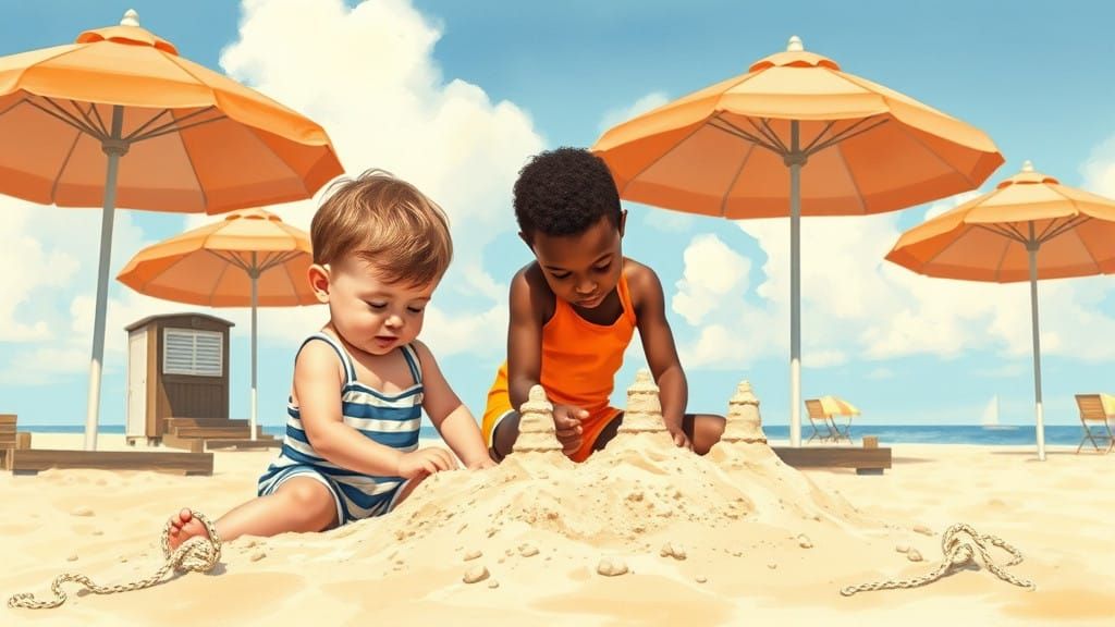Childhood Friendship in a Sunny 1960s Beach Scene, Watercolo...