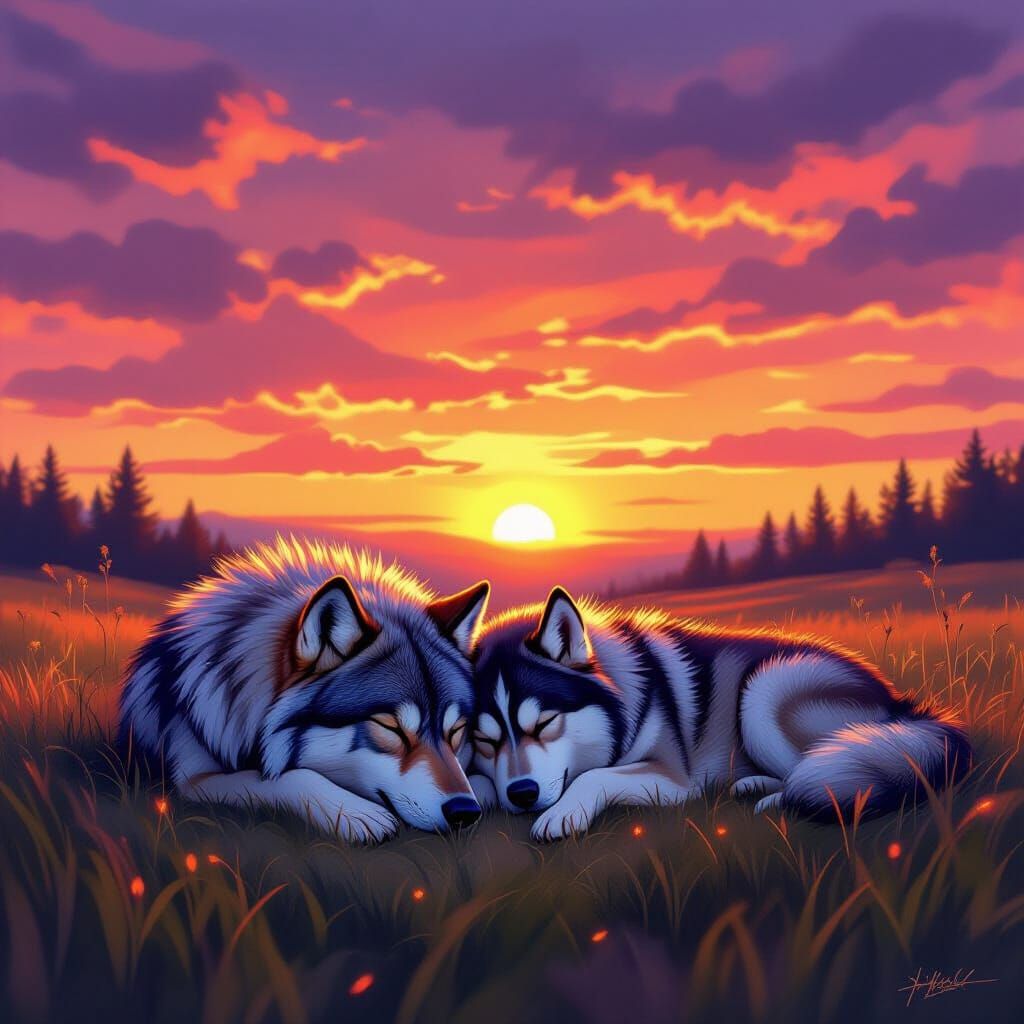 Melancholic Wolf and Husky Sleep in Sunset Meadow