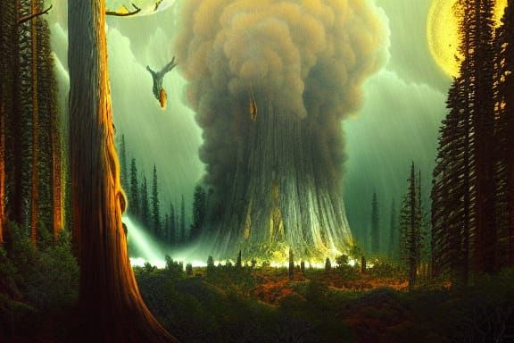 Mystical Redwood Forest Under Moonlight, Ominous Storm