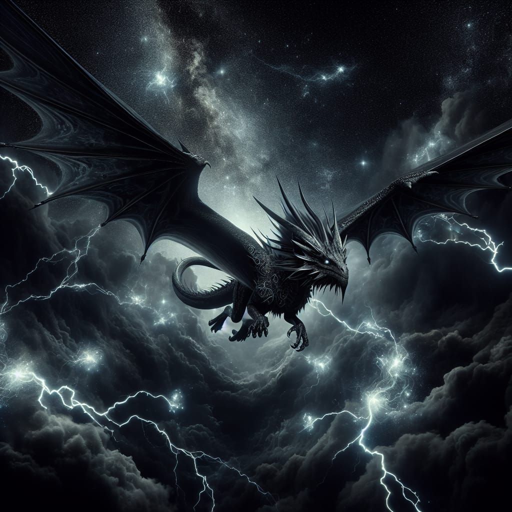 Four-Winged Onyx Dragon Soaring in the Night