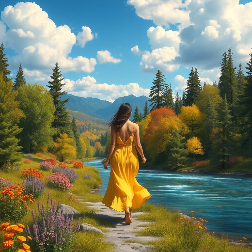 Vibrant Forest Landscape with Serene River and Mountains