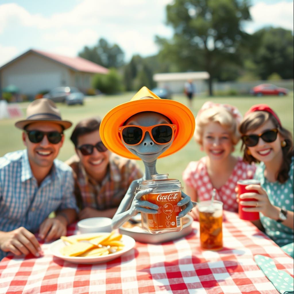 Alien Photobombing a 1950s Picnic, Photorealistic Style