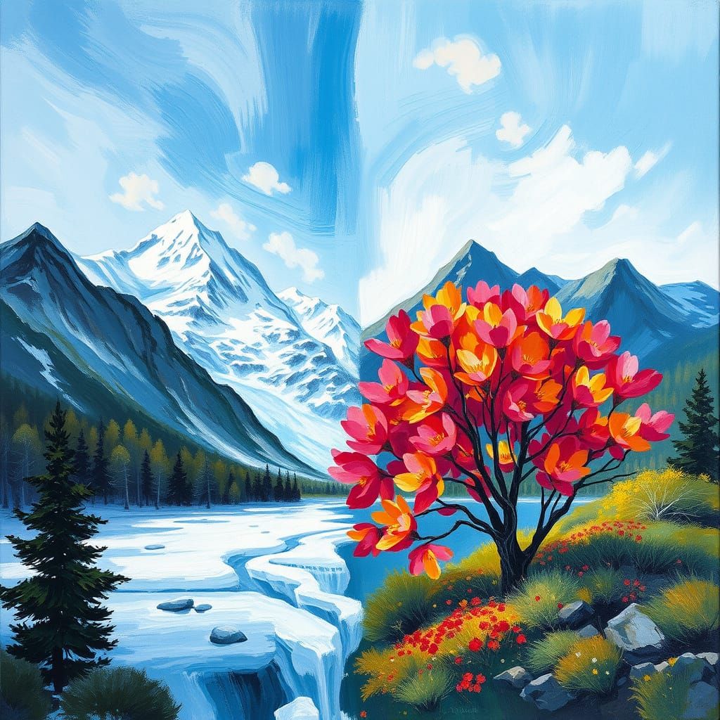 Winter and Spring Mountain Landscape in Gouache Style